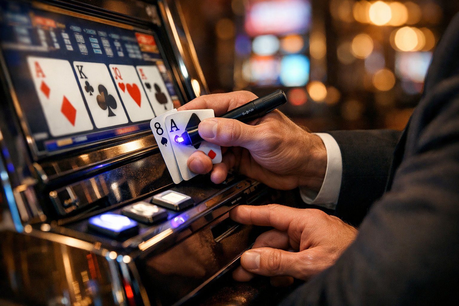 Close-up of a person manipulating a video poker machine in a casino environment.
