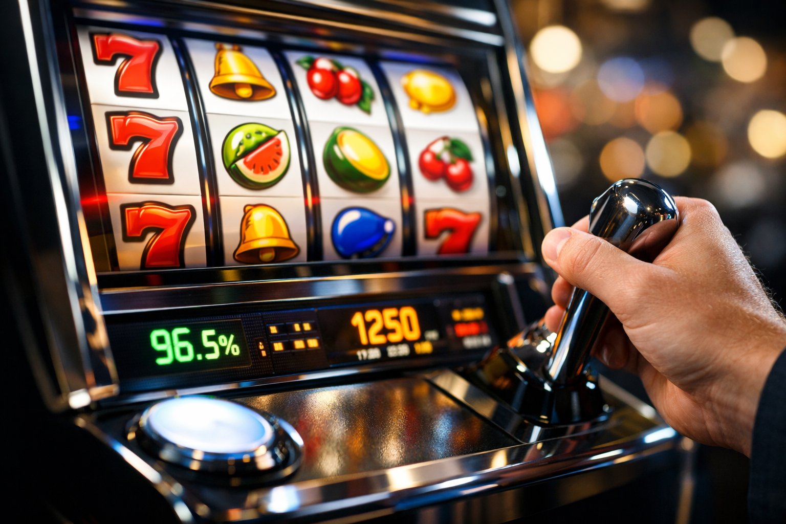 Close-up of a person playing a slot machine with colorful reels and a digital payout display in a casino setting.