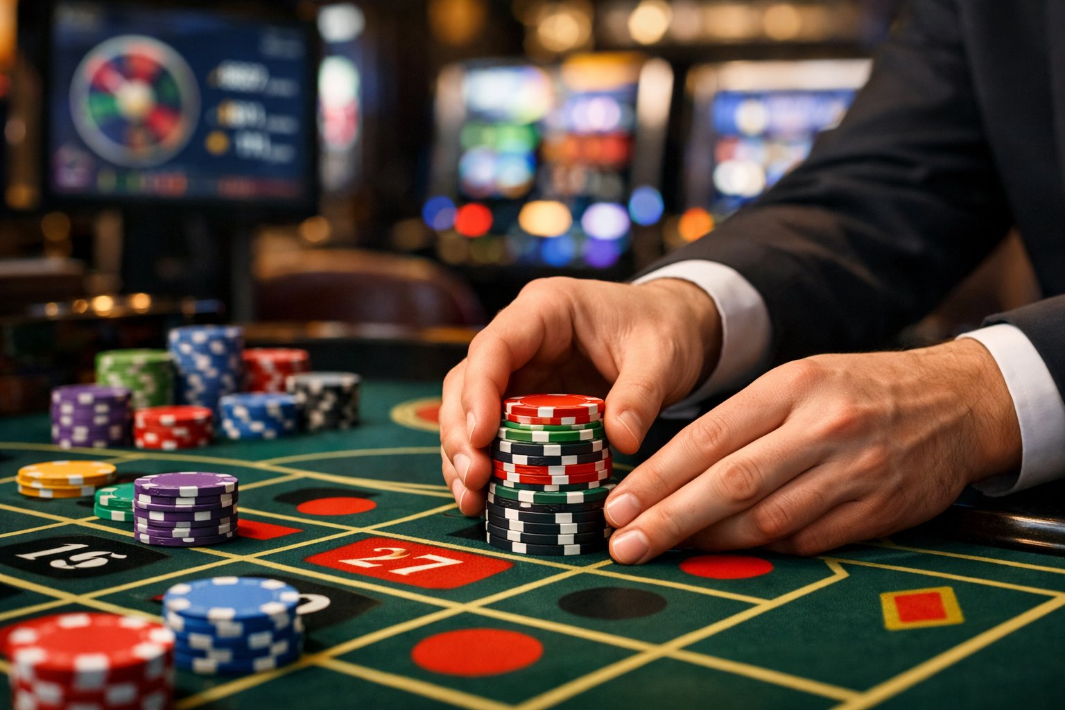 Close-up of hands placing casino chips on a roulette table in a casino setting.