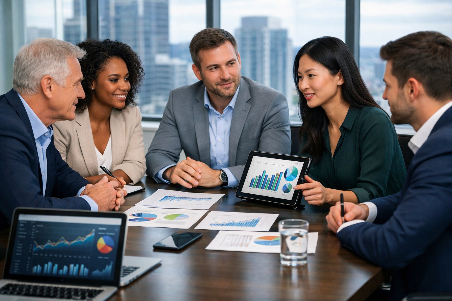 A group of business professionals discussing financial data around a conference table in an office with a city view.