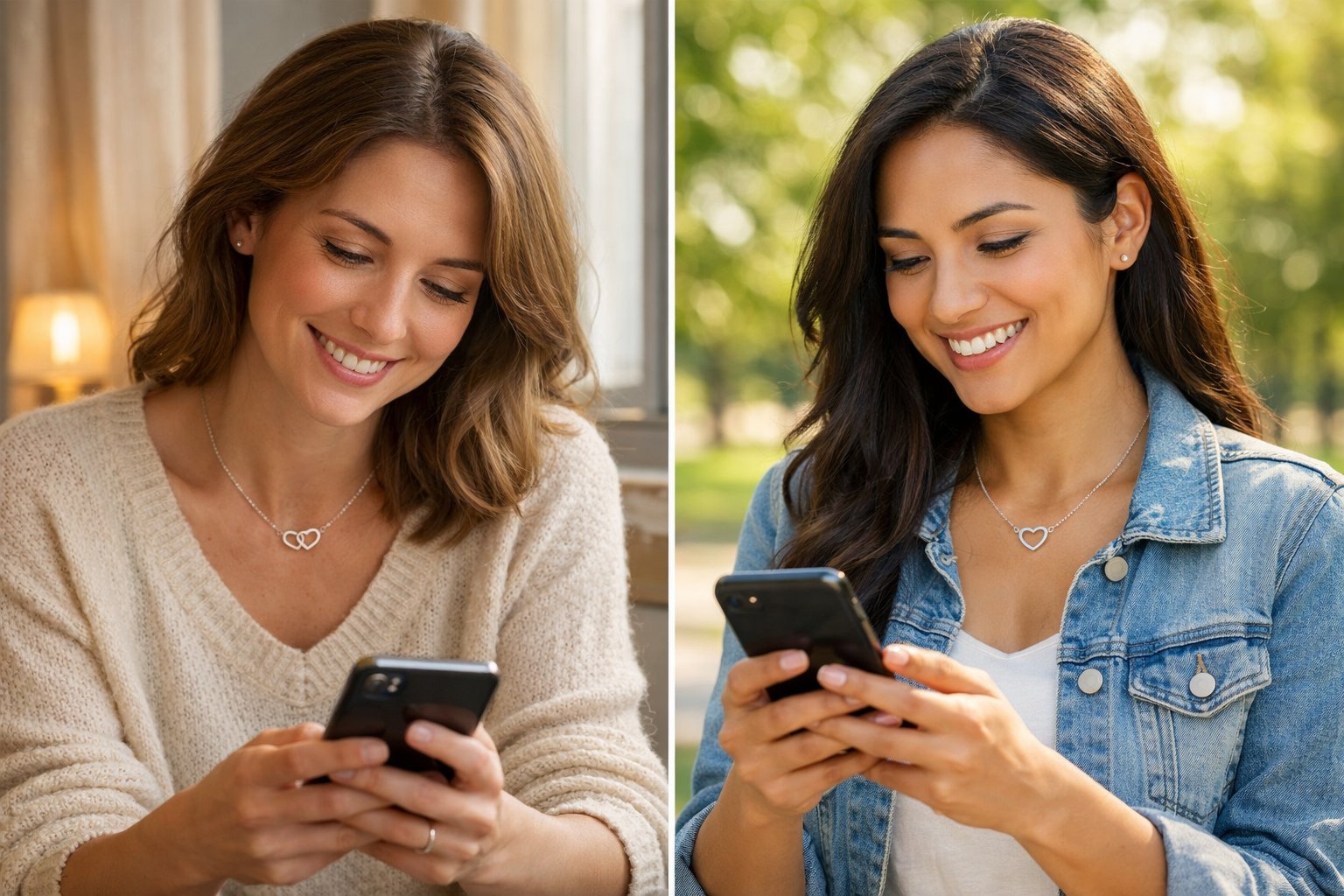 Two women in different locations wearing matching necklaces, smiling as they look at their phones, symbolizing long-distance friendship.