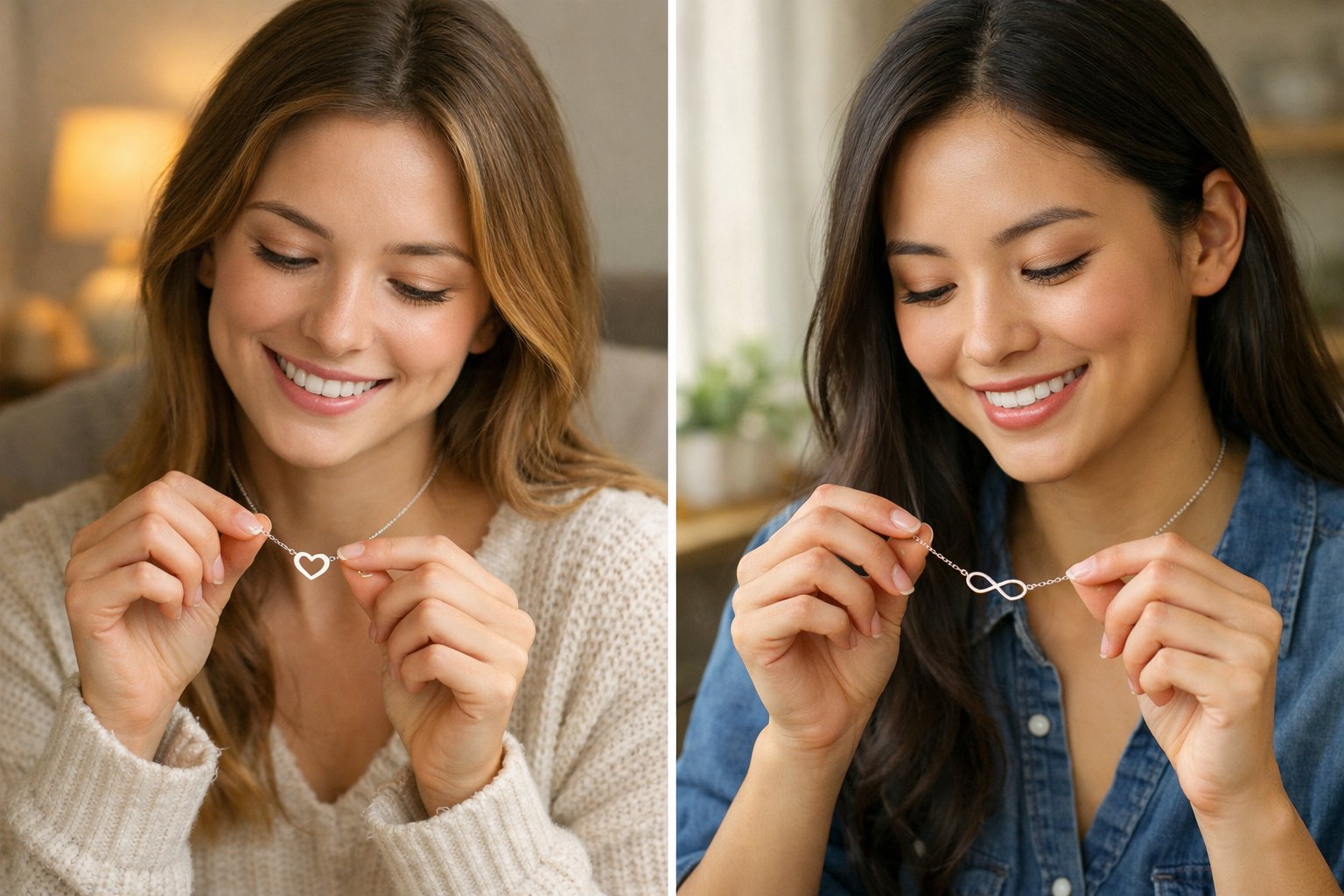 Two women in different homes each holding a matching necklace and smiling, symbolizing their close long-distance friendship.