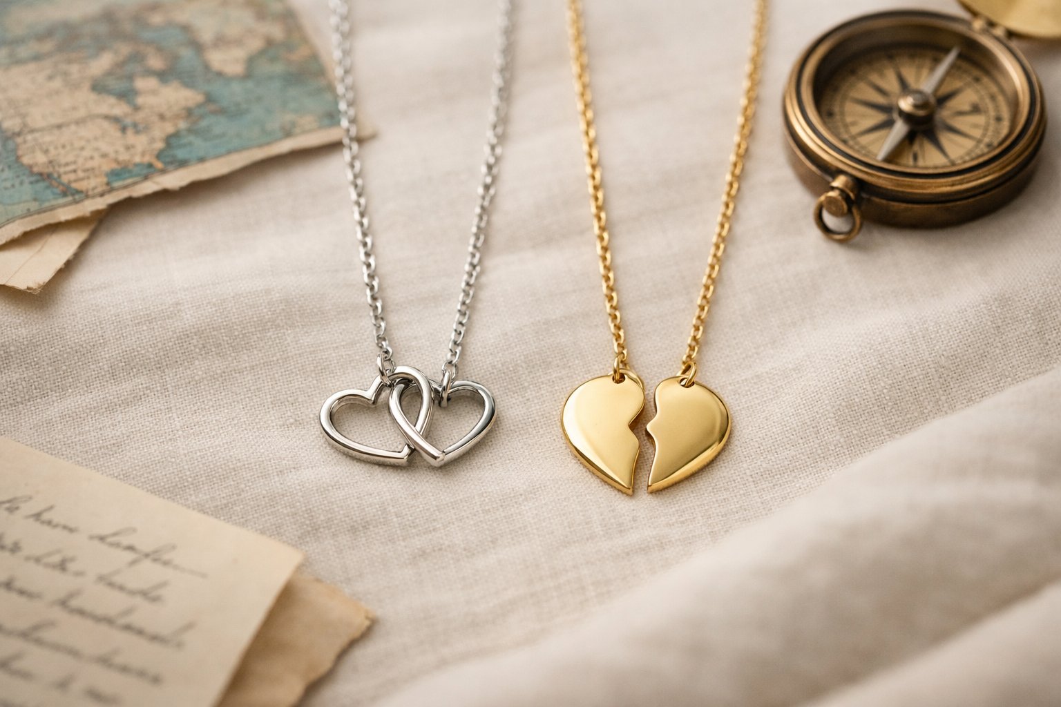 Two delicate friendship necklaces with symbolic pendants displayed on soft fabric, accompanied by a small world map and a handwritten letter in the background.