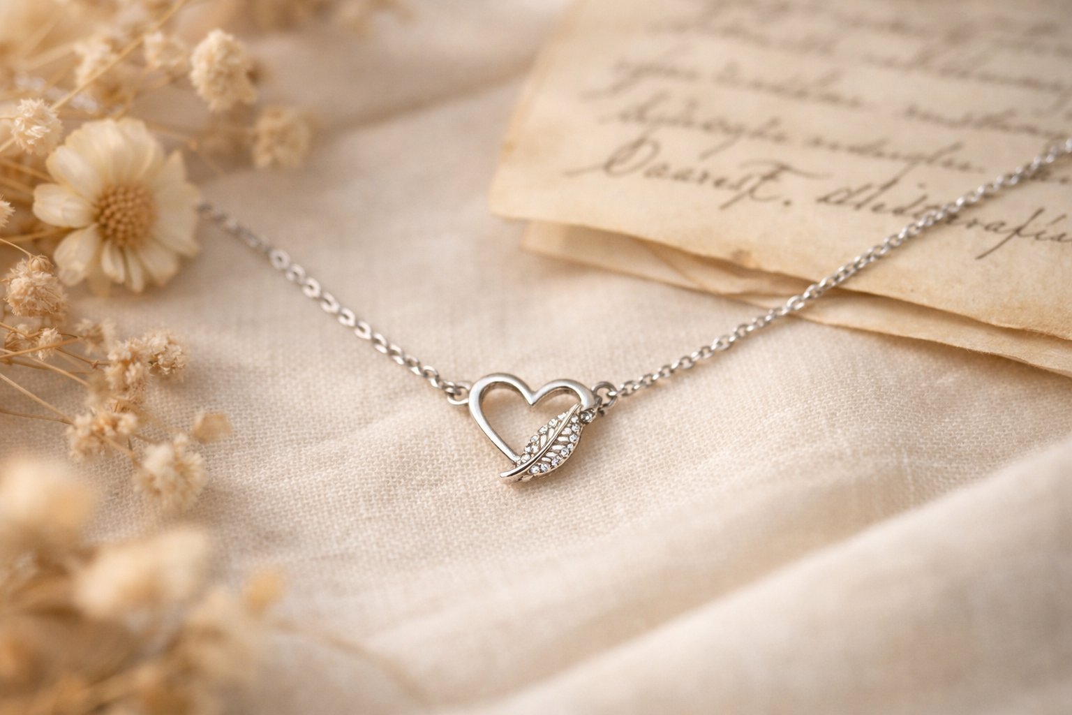 A silver necklace with a small pendant resting on soft fabric surrounded by dried flowers and a handwritten letter.