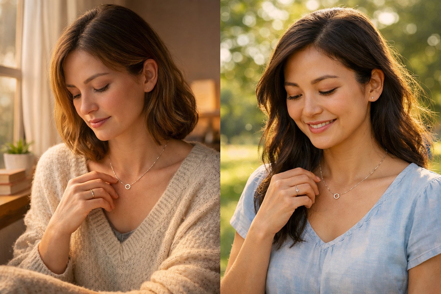 Two women in different locations each wearing matching necklaces, showing a sense of connection and friendship despite the distance.