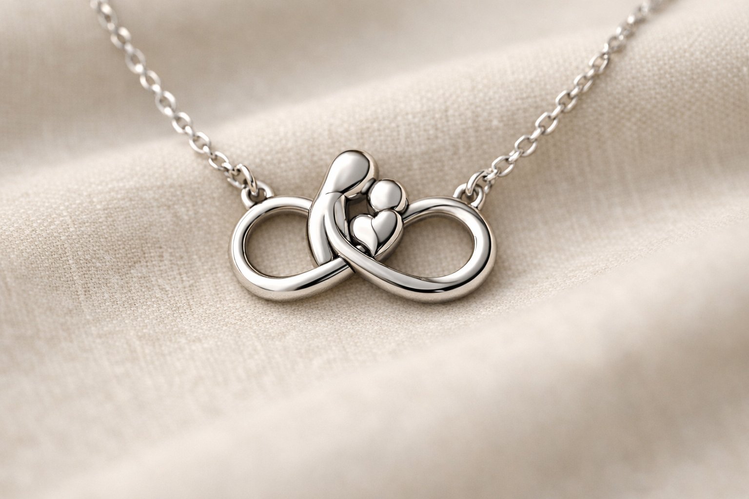 Close-up of a delicate necklace pendant resting on soft fabric, symbolizing remembrance and connection.