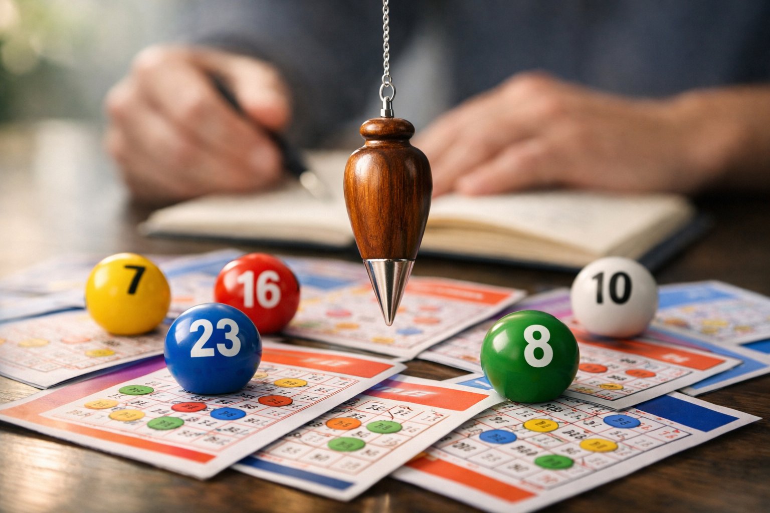 A pendulum swinging over lottery tickets and numbered balls on a table with a person's hands and a notebook in the background.