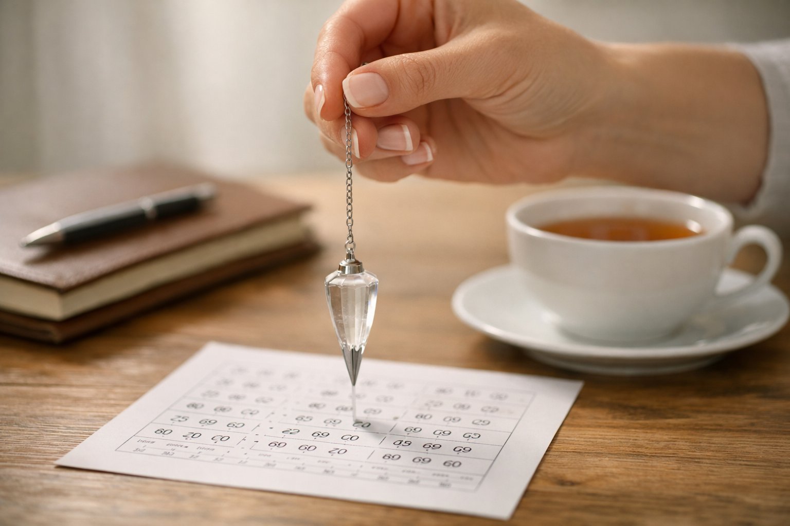 A hand holding a crystal pendulum over a lottery ticket on a wooden table with a notebook and cup of tea nearby.