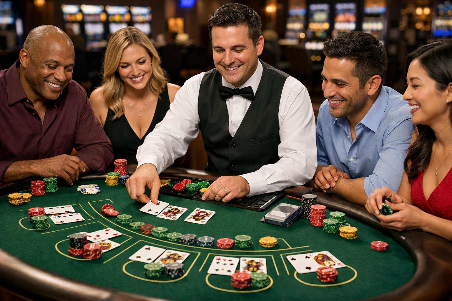 A group of people playing a card game at a casino table with a dealer distributing cards.