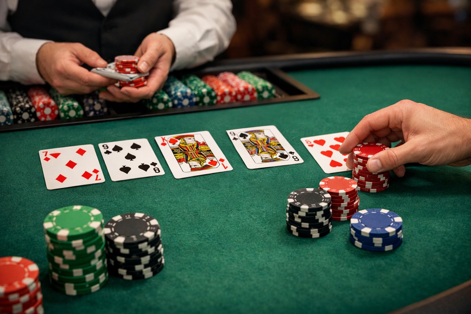 A casino table with playing cards and chips arranged for a game of Spanish 21, with a dealer and player hands visible.