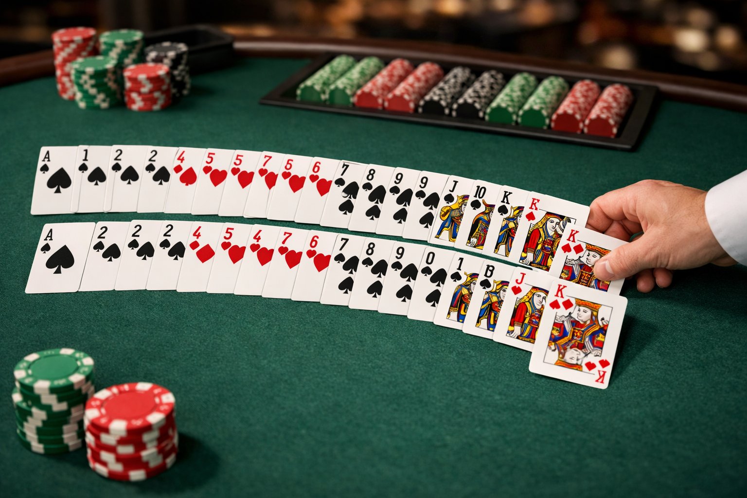 A casino table with a Spanish 21 deck of cards spread out, showing the cards and a dealer's hand arranging them.