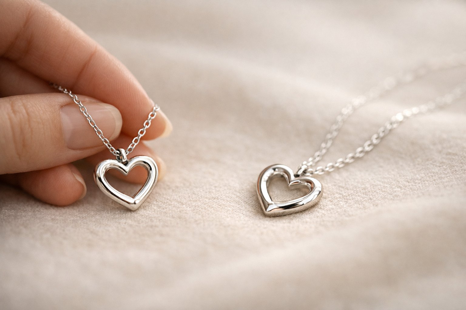 Two silver heart-shaped necklaces placed close together on fabric, with one necklace held by a hand, symbolizing connection and love between friends who live far away.
