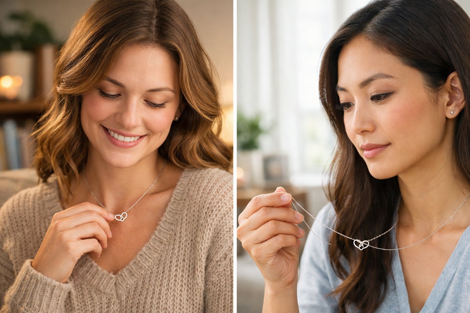 Two women in separate rooms wearing matching necklaces, expressing connection and affection across a distance.