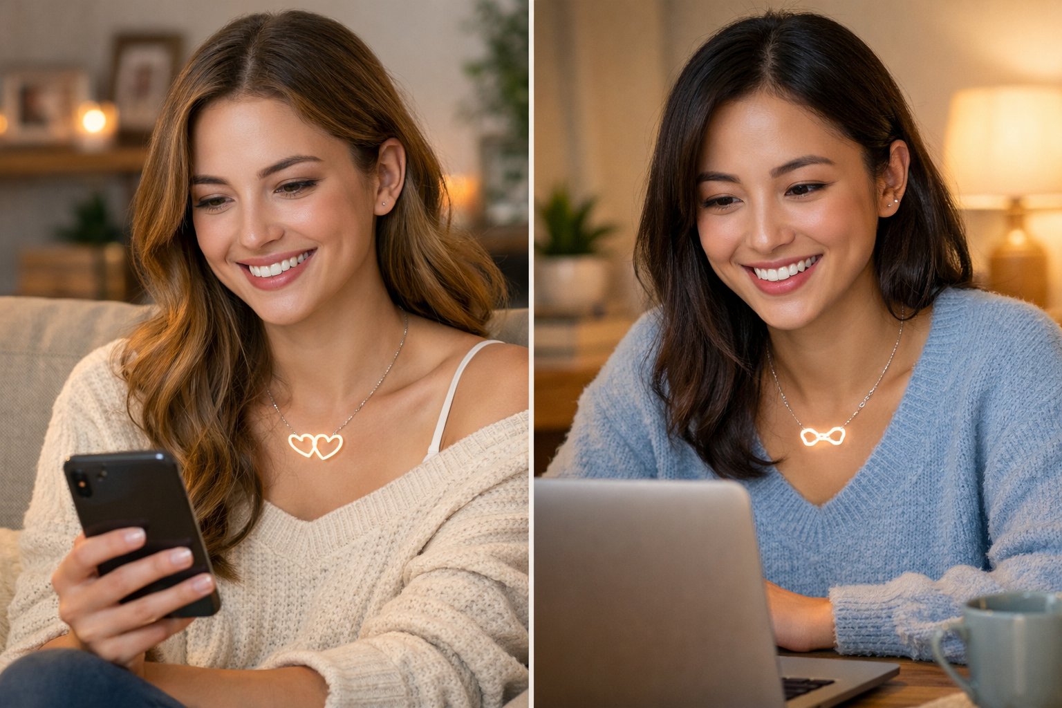 Two women in separate rooms smiling at their phones while wearing meaningful necklaces symbolizing their close friendship across distance.