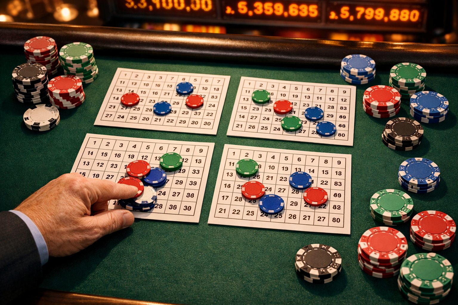 Top-down view of four keno cards on a casino table with poker chips and a player's hand placing chips, showing a keno jackpot game in progress.