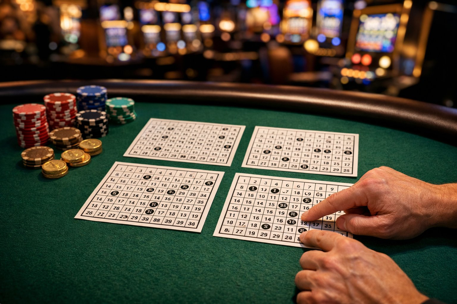 A person pointing at four Keno cards on a casino table with chips nearby, suggesting strategic gameplay.