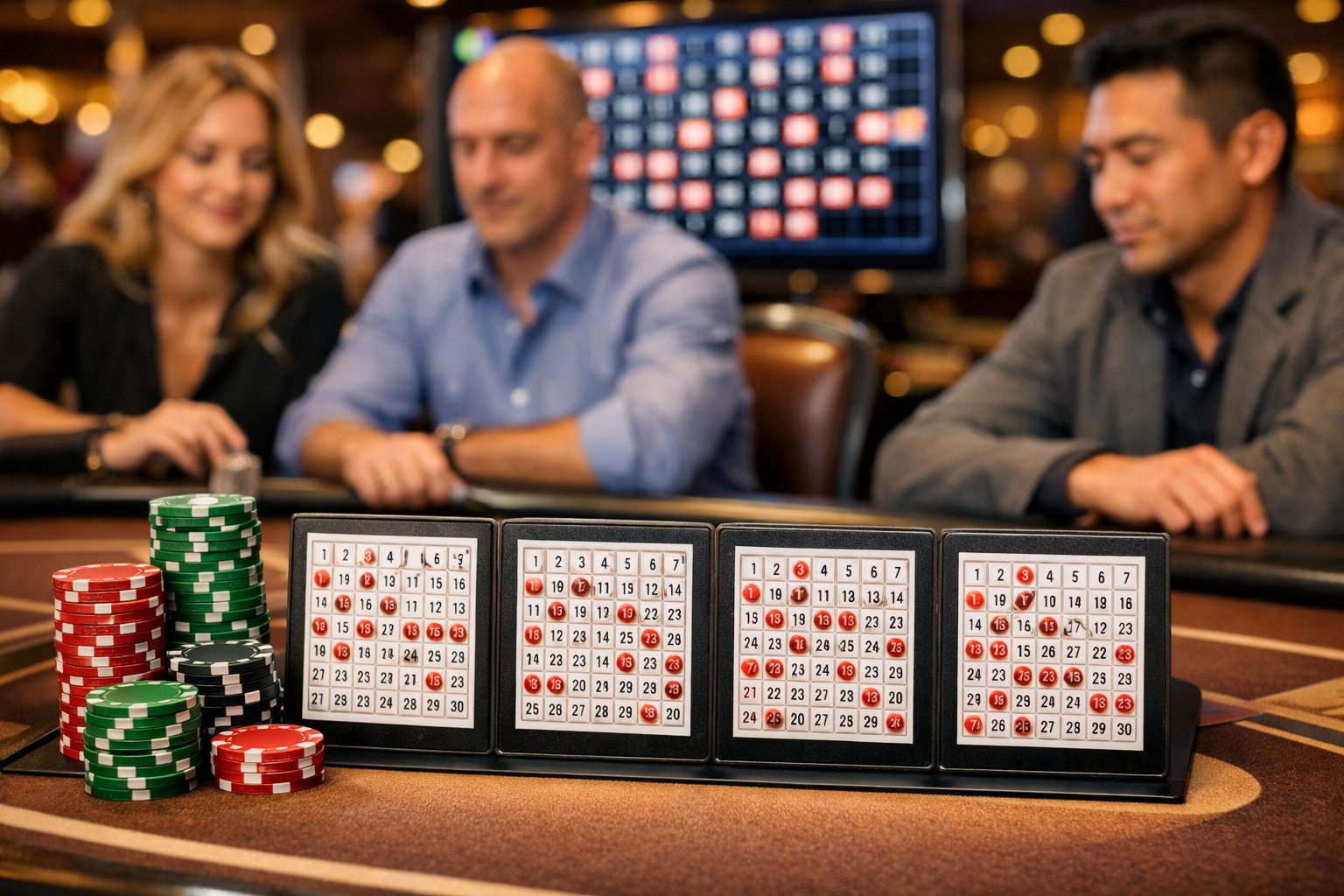 A group of people playing 4 Card Keno at a casino table with cards, chips, and a digital number display in the background.