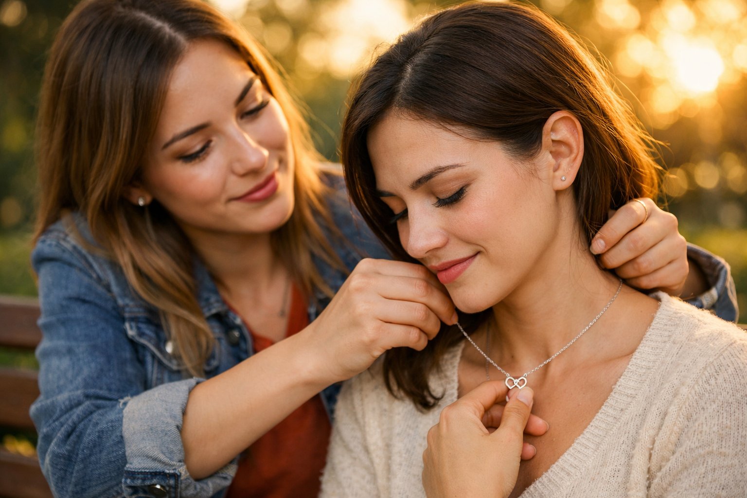Two young women sitting on a park bench as one gives the other a necklace, sharing a tender moment outdoors.