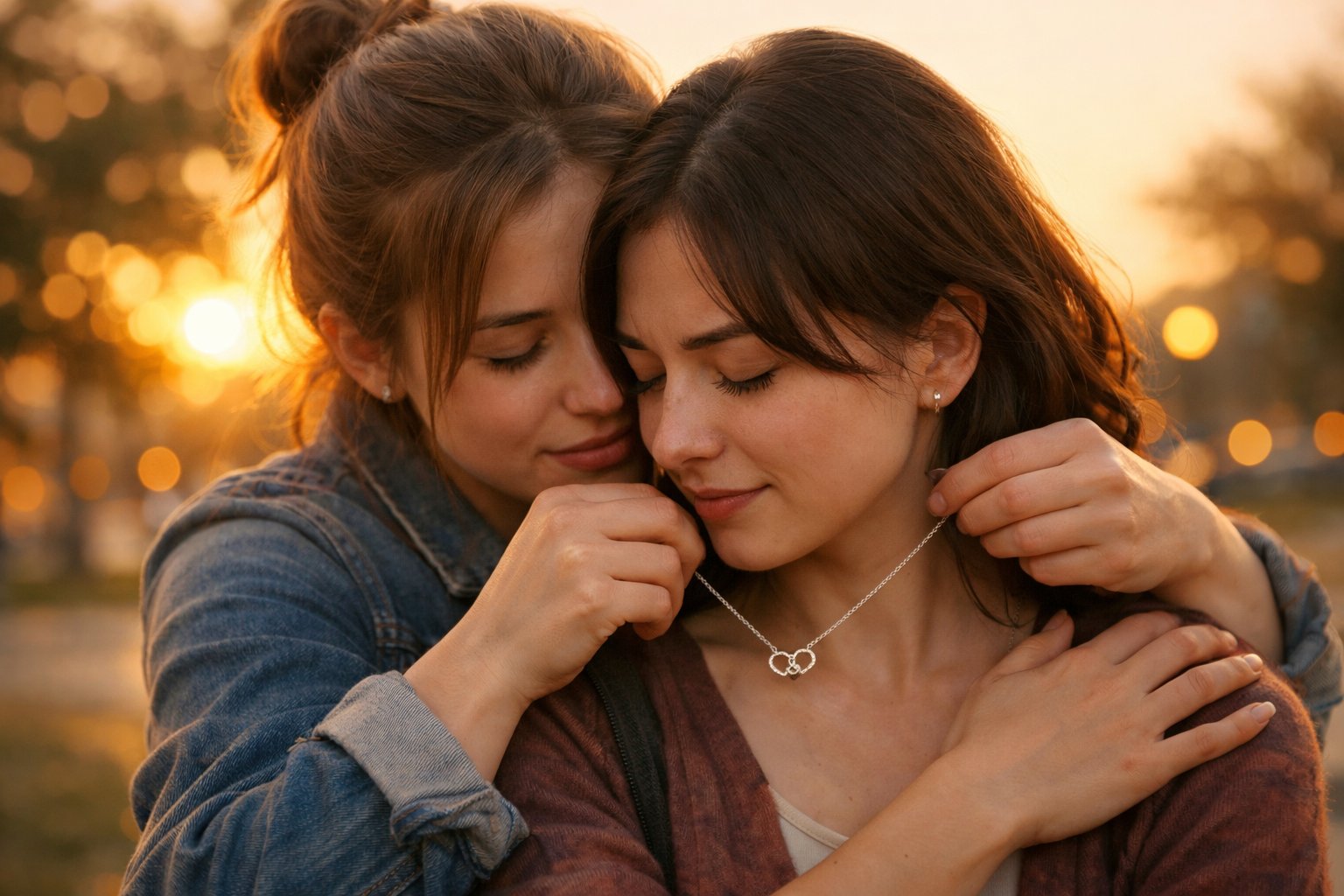 Two friends embracing outdoors at sunset as one gives the other a meaningful necklace.