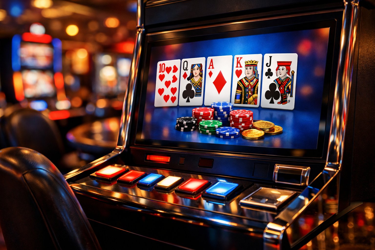 A video poker machine on a casino floor with playing cards and poker chips visible on the screen.