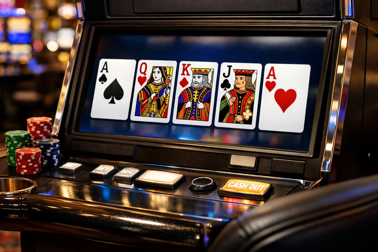 Close-up of a video poker machine showing poker cards with aces and face cards in a casino setting with poker chips nearby.