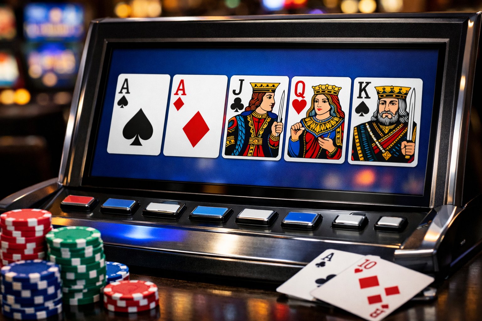 Close-up of a video poker machine screen showing a winning hand with aces and face cards, surrounded by poker chips on a casino table.