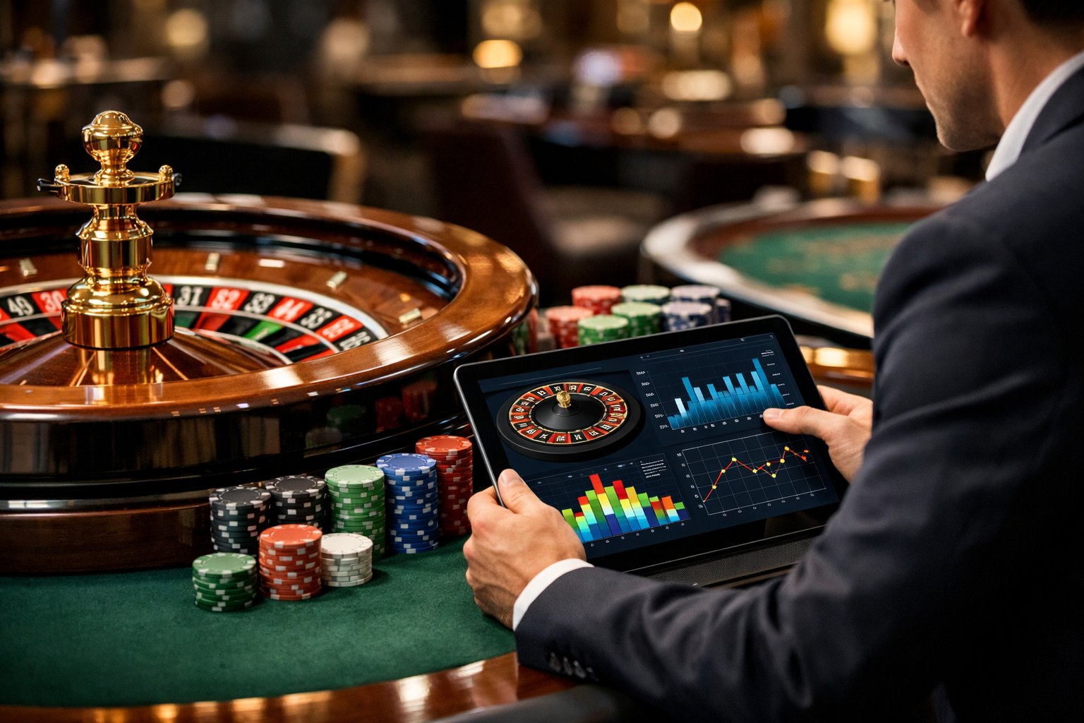 Person analyzing data on a tablet next to a roulette wheel in a casino setting.