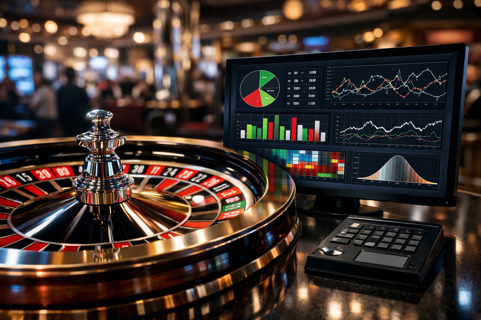 Close-up of a roulette wheel spinning next to a digital display showing data in a casino setting.