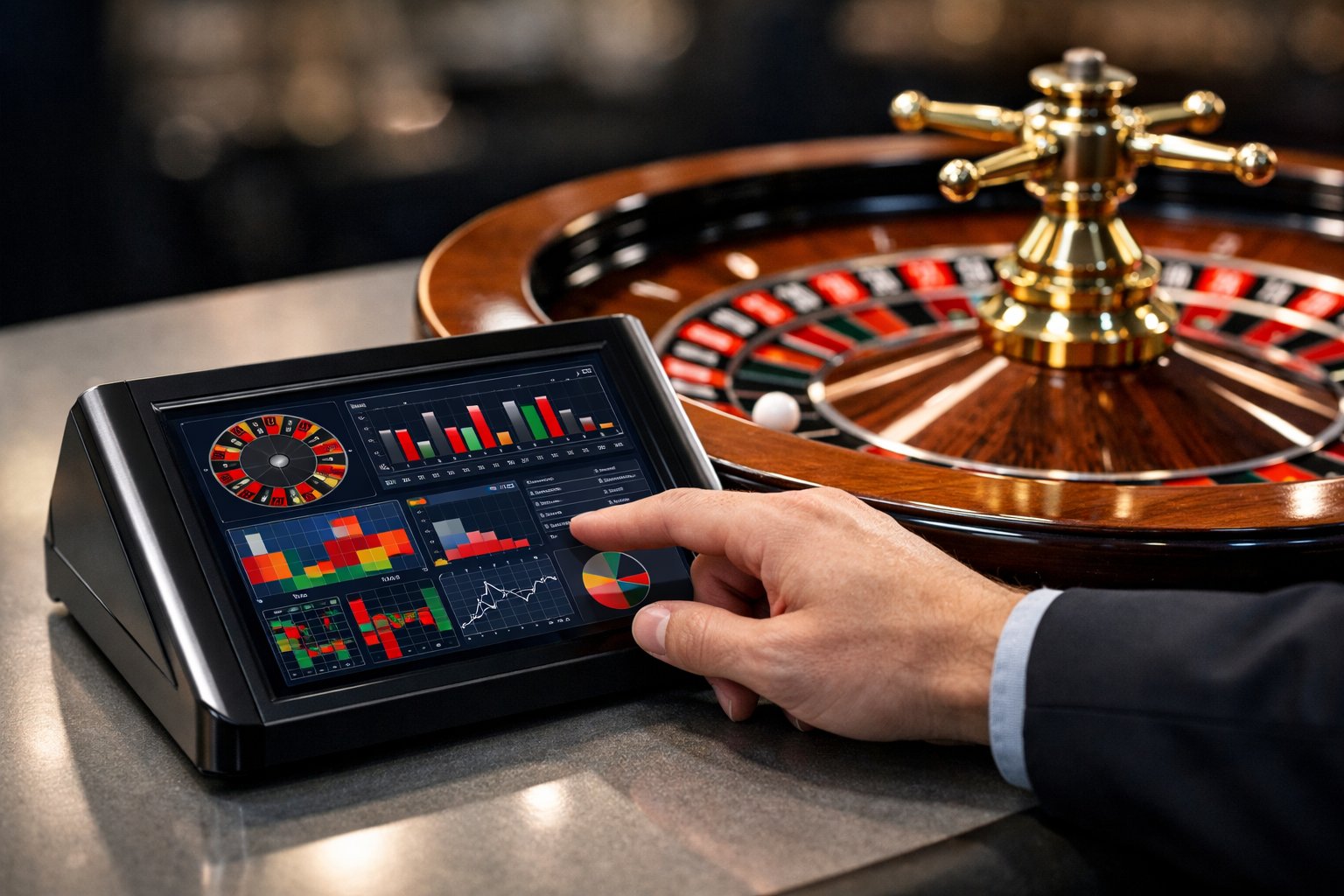 A person using a digital device next to a roulette wheel, analyzing roulette game data.