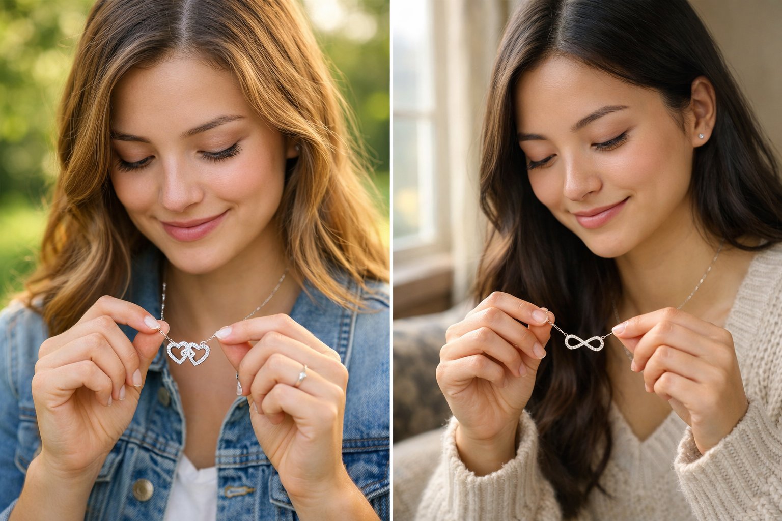 Two women in separate locations holding matching friendship necklaces, smiling softly and looking at their pendants.