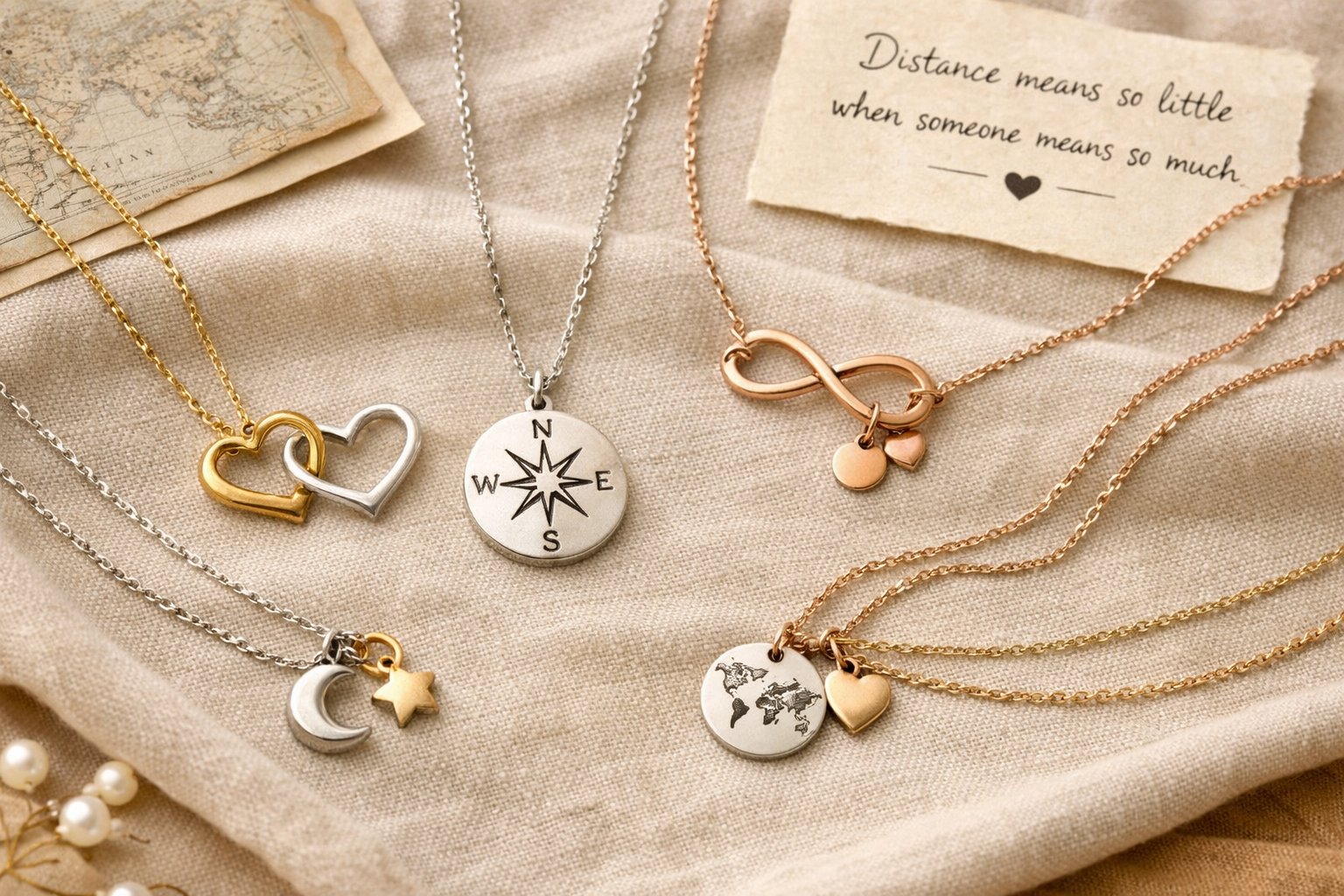 A collection of delicate friendship necklaces with heart, compass, and infinity pendants displayed on soft fabric, symbolizing connection across distance.