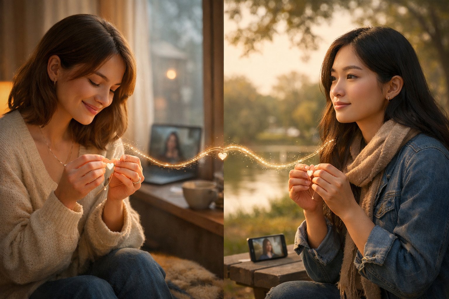 Two women in different locations holding the same necklace, symbolizing their close long-distance friendship.