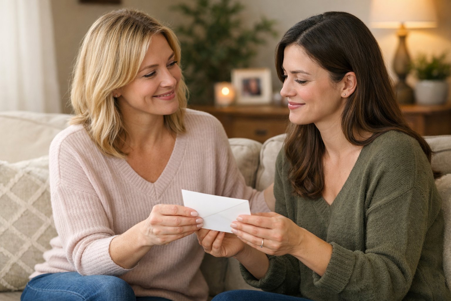Two friends sitting in a cozy living room, one giving a handwritten letter to the other with warm and supportive expressions.