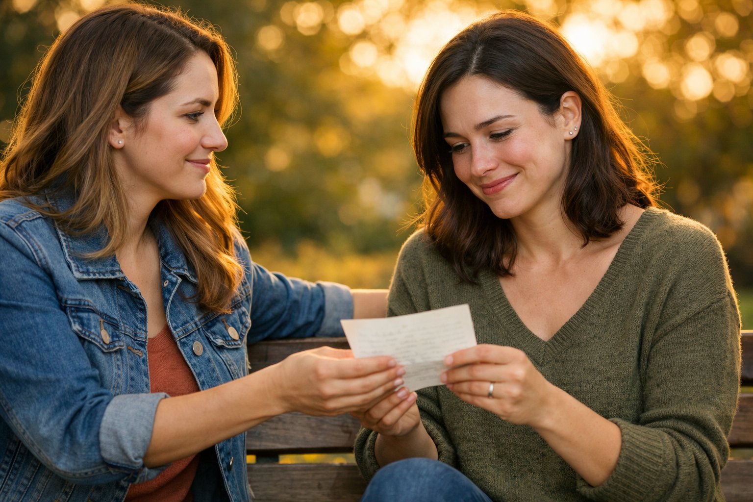 Two women sitting on a park bench, one giving a letter to the other who looks emotionally touched.