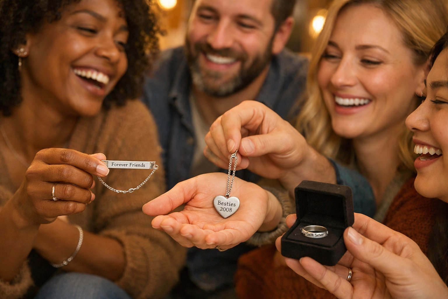 A group of friends smiling and exchanging wearable friendship gifts like bracelets and necklaces.