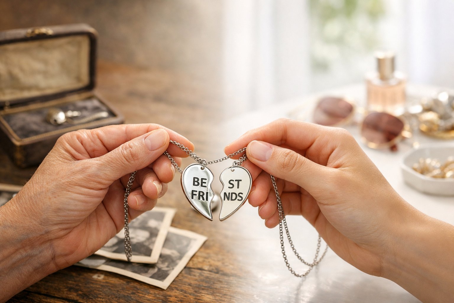 Two pairs of hands exchanging a split-heart friendship necklace with vintage photos and modern accessories in the background.