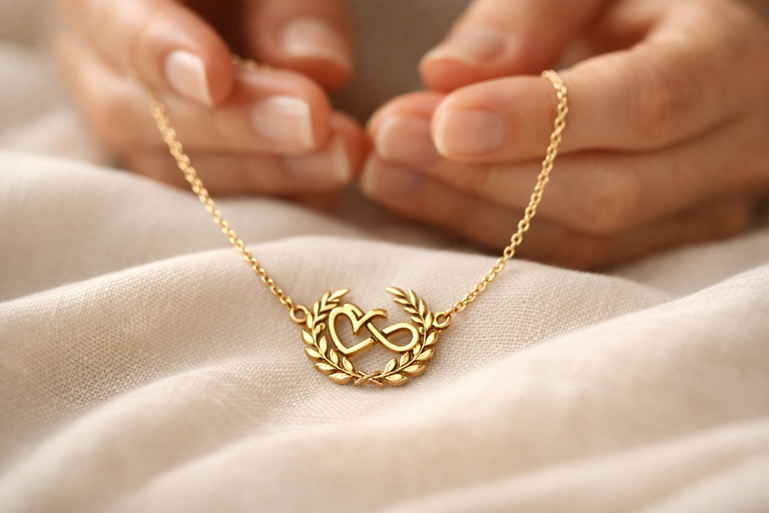 Close-up of a delicate necklace with a meaningful pendant resting on soft fabric, with hands gently holding it in the background.