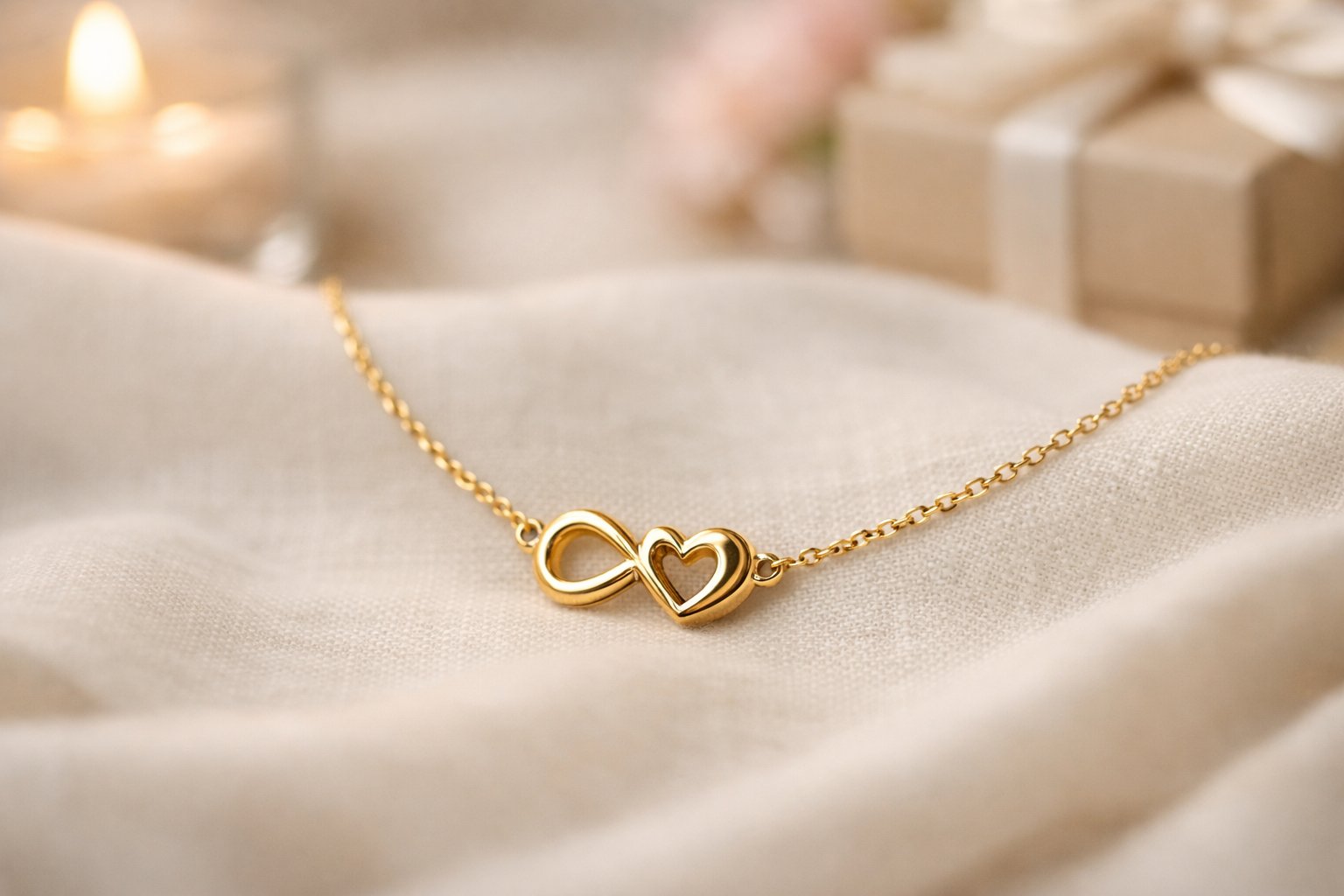 A delicate necklace with a heart-shaped pendant resting on soft fabric, symbolizing gratitude and friendship.