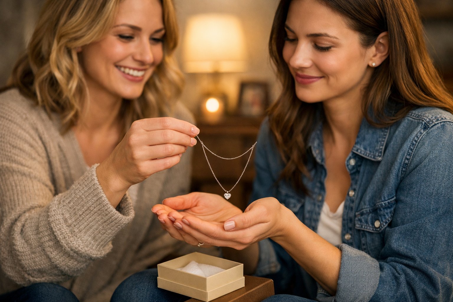 Two best friends sitting together, one giving the other a necklace as a gift, sharing a warm and emotional moment.