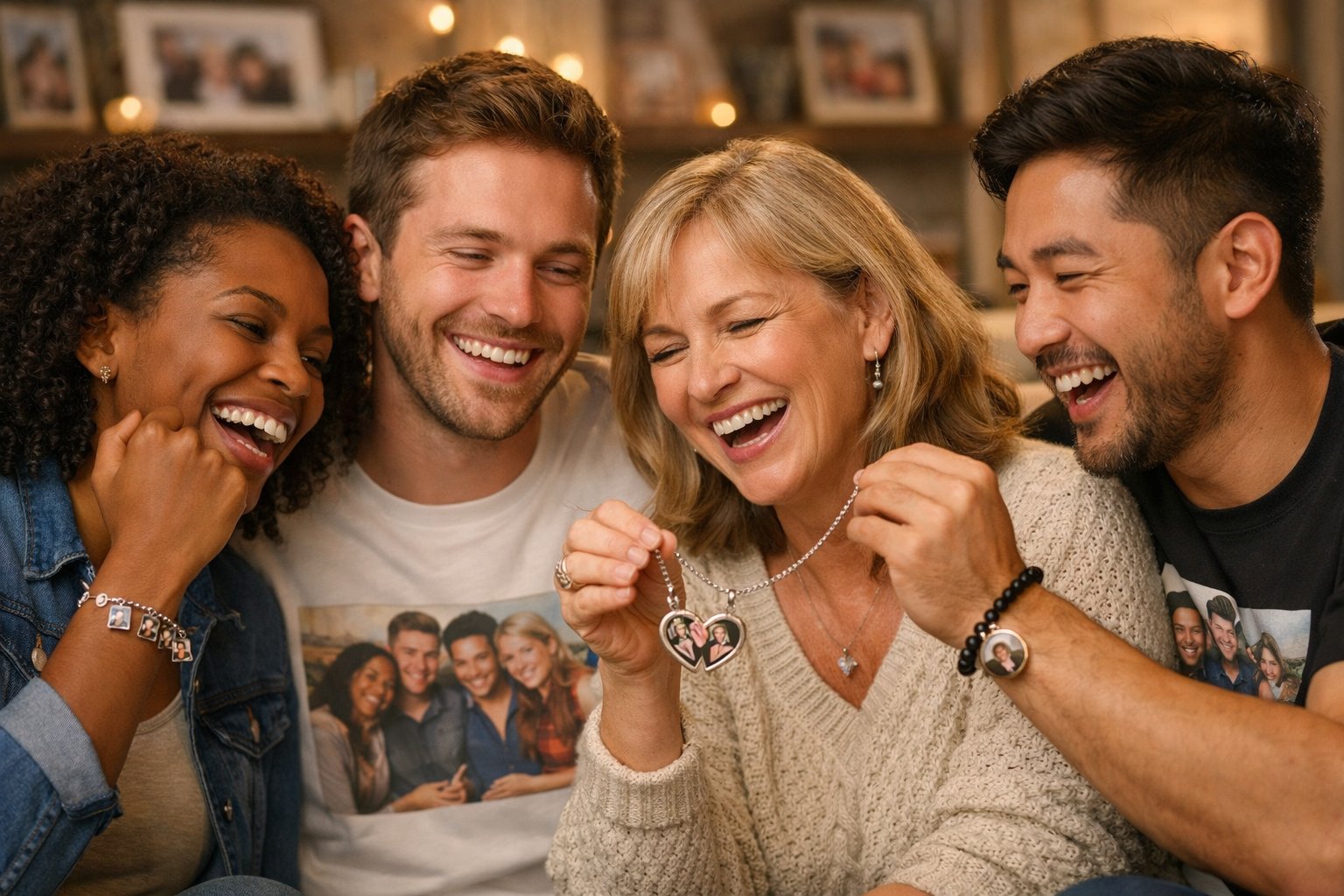 A group of friends smiling and wearing personalized friendship keepsakes while sitting together in a cozy living room filled with framed photos and mementos.