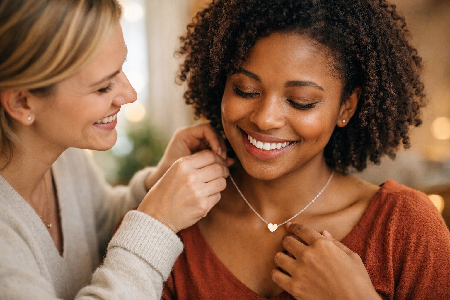 Two friends smiling warmly as one places a necklace around the other's neck in a cozy indoor setting.
