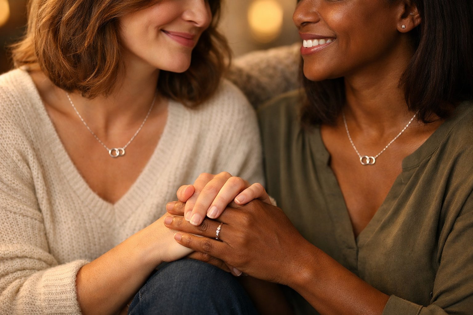 Two women sitting closely, holding hands and wearing matching friendship necklaces, sharing a warm and supportive moment together.