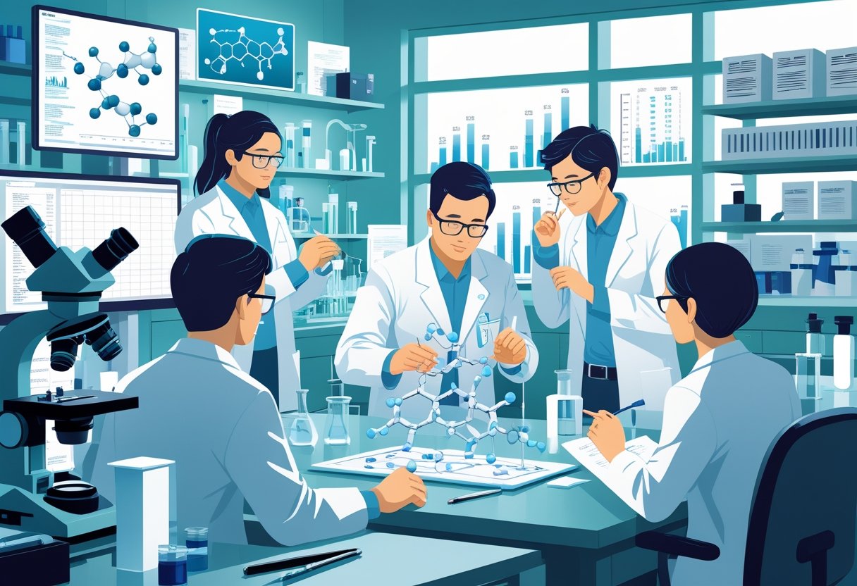 Scientists working together in a laboratory analyzing molecular models and data to explore the benefits of a scientific compound.