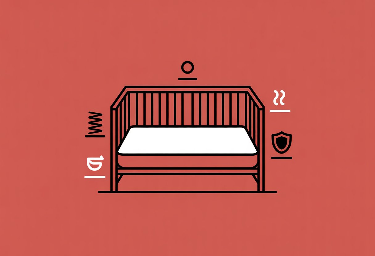 A simple nursery scene showing a crib with a mattress inside and three small icons representing firmness, breathability, and safety around it.