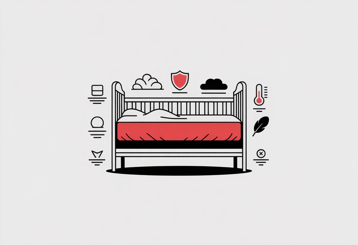 A simple side view of a crib with a mattress inside, surrounded by icons representing safety, softness, and temperature features.