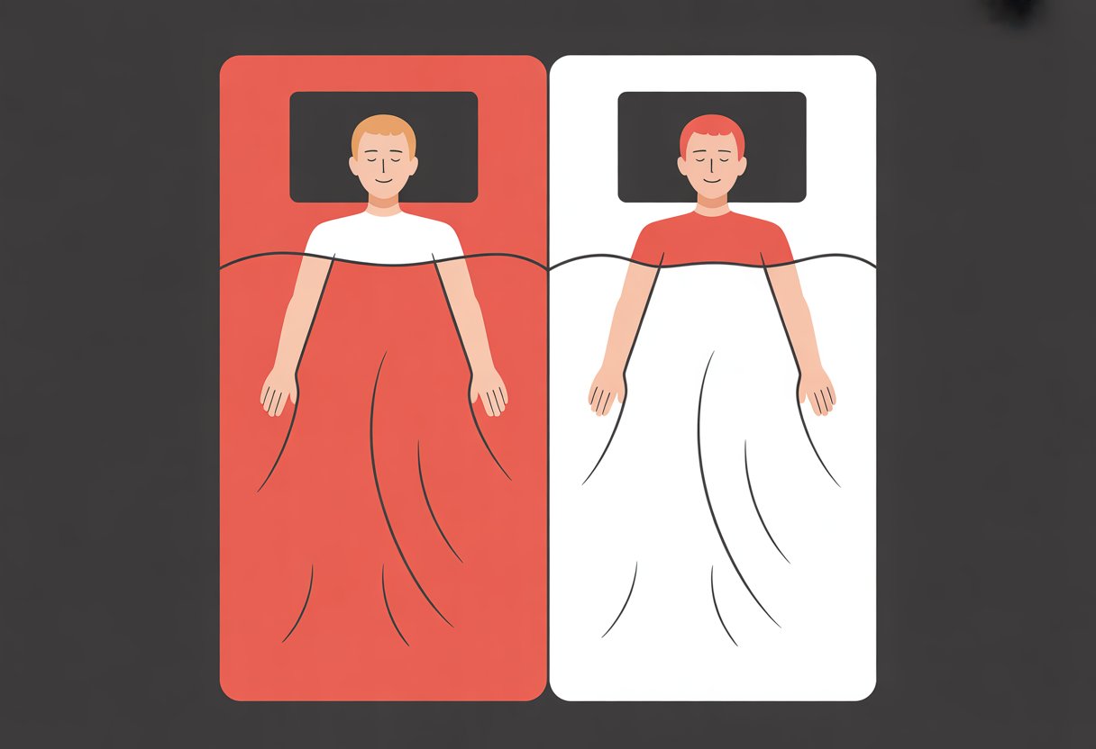 Two simplified people lying on a mattress divided into warm and cool halves, showing one person comfortable on the cool side and the other less comfortable on the warm side.