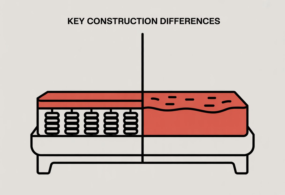 A simple side-by-side illustration showing the internal structure of two mattresses: one with black coil springs and a red top layer, and the other as a solid red foam block.