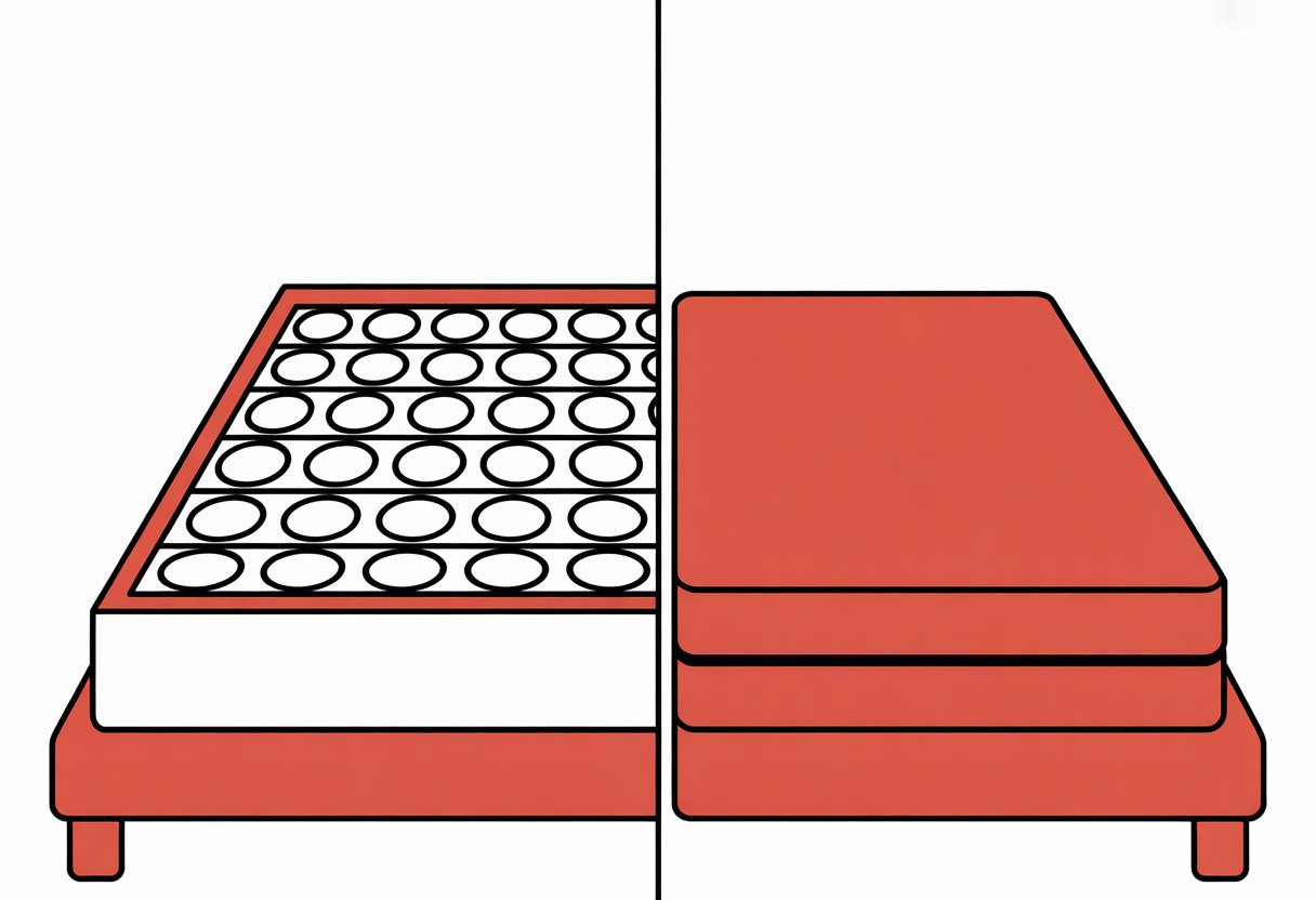 A split image showing a cross-section of an innerspring mattress with black coils on the left and a smooth foam mattress with red layers on the right.