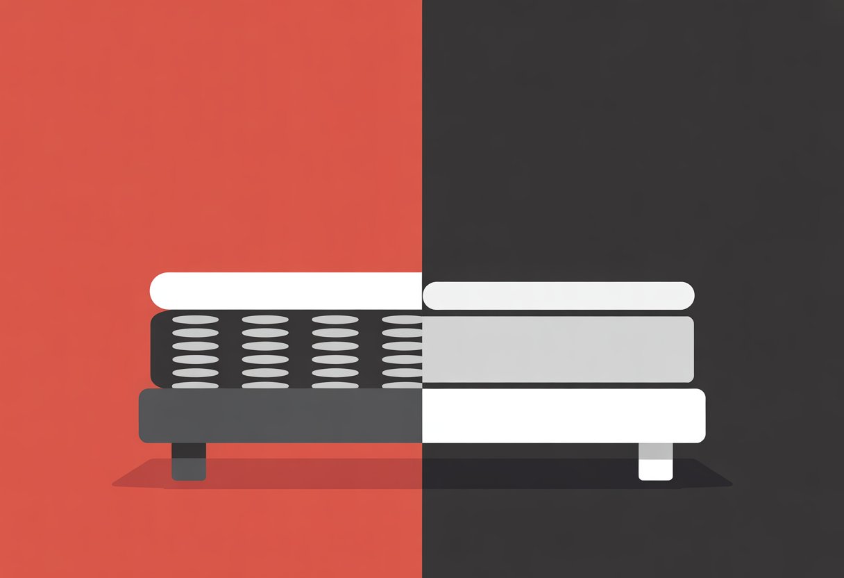 A split image showing a cross-section of an innerspring mattress with visible coils on one side and a solid foam mattress on the other side.