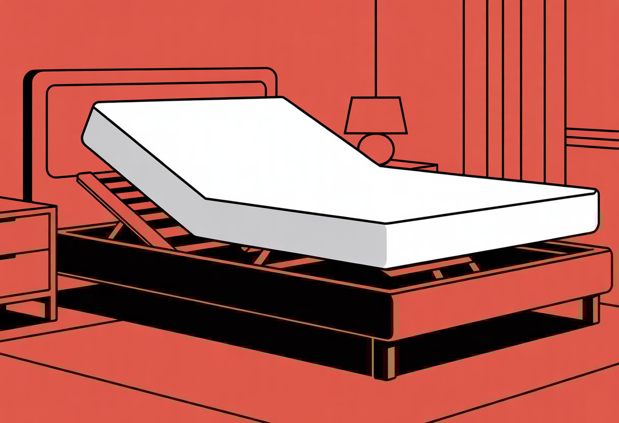 A bedroom scene showing an adjustable bed base with a mattress partially raised at the head and foot.